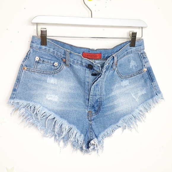 SIGNATURE 8 medium button fly distressed keep it brief micro denim shorts - Picture 6 of 9
